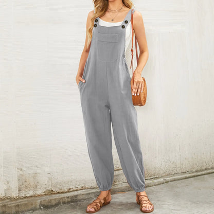 Women'S Sleeveless Overalls Jumpsuit Casual Solid Color Summer Wide Leg Bib Pants Bottons Jumpsuits Rompers With Pockets