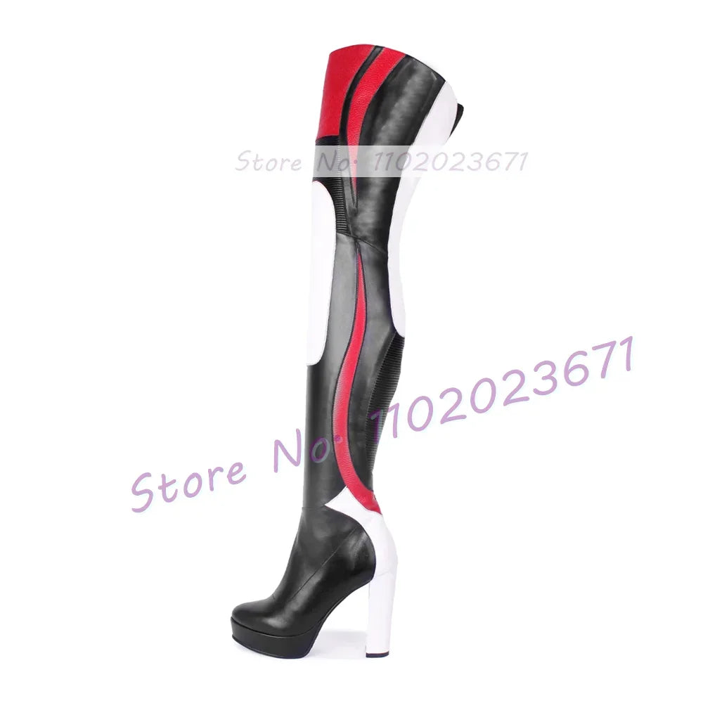 Colorful Patchwork Platform Thigh High Boots Women Sexy Catwalk Slim Round Toe Shoes Female Block High Heel Motorcycle Boots