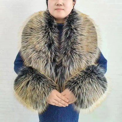 Large Women Faux Fox Fur Scarf Winter Jackets Warm Fluffy Shawl Fashion Artificial Fur Collar And Cuff Set Fluffy Scarves Female