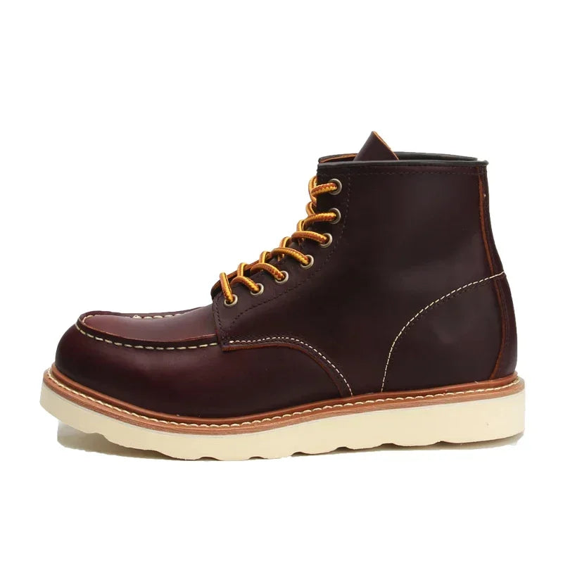 Men's Goodyear-Welted Vintage Genuine Leather Mid-calf Motorcycle Boots Round toe Casual Punk Dress Boots Work Shoes Western Red