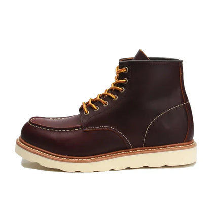 Men's Goodyear-Welted Vintage Genuine Leather Mid-calf Motorcycle Boots Round toe Casual Punk Dress Boots Work Shoes Western Red