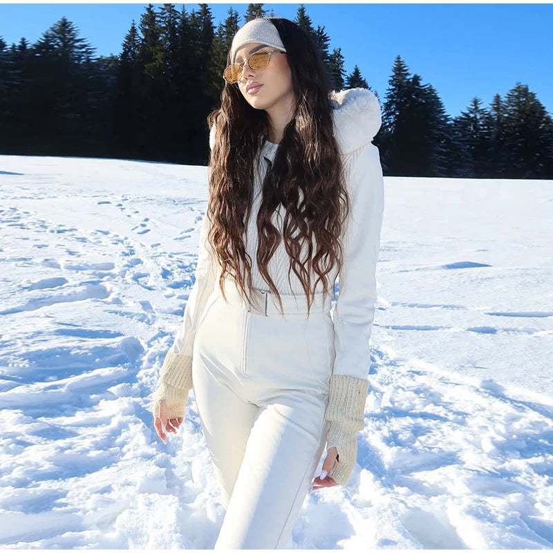 Women's Chic White Hooded Ski Jumpsuit with Waist Belt Warm Snowproof One-Piece Snow Wear Winter Sports Fashion Lady Snowsuit
