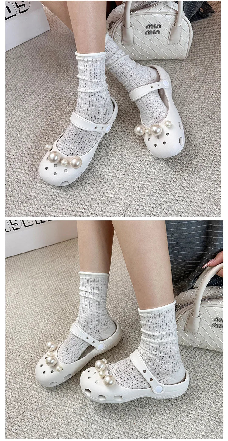 Clogs Summer Slippers Women Luxury Pearl Metal Flower Mary Janes Designer Ballet Shoes Girls Corc Charms Sandals Indoor Outdoor