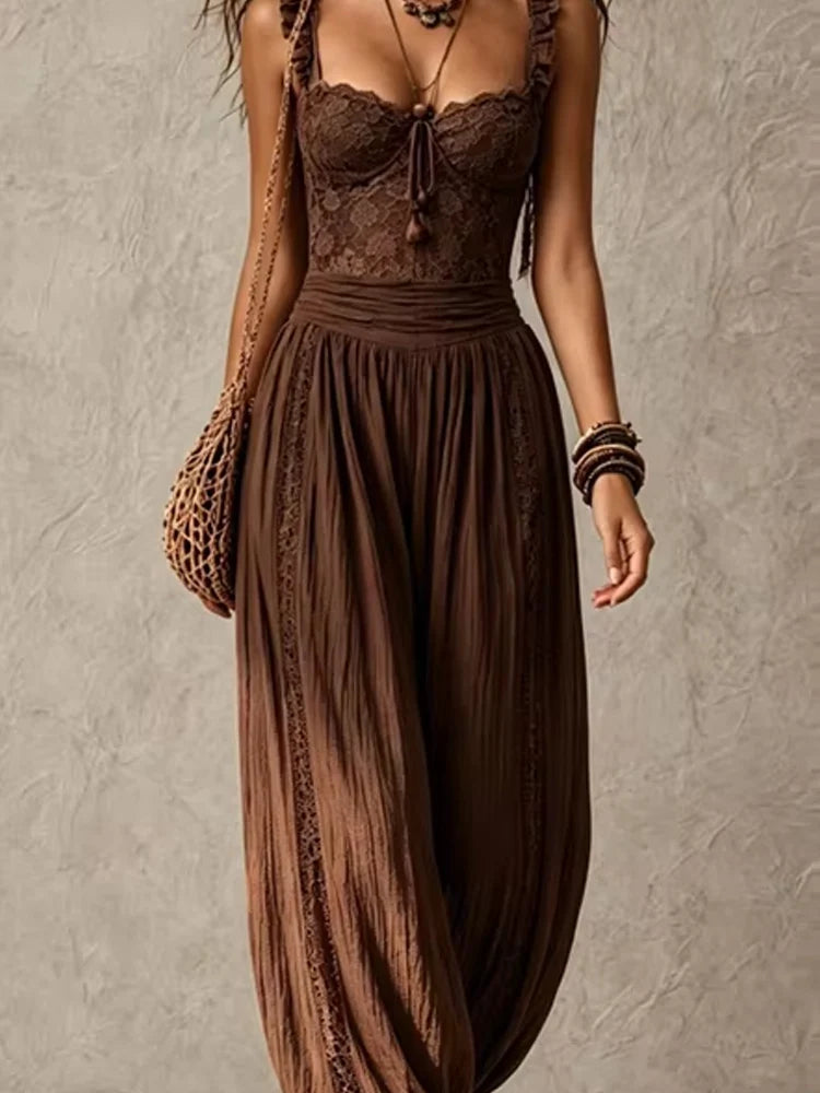 Women Elegant Ruffle Waist Solid Playsuit Overalls Casual Sleeveless Long Romper Sexy V-neck Lace Trim Spaghetti Strap Jumpsuits
