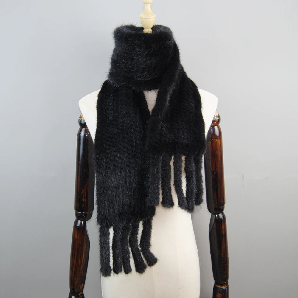 2026 Luxury Women Muffler 100% Real Mink Fur Scarf With Tassel Hand Knitted Natural Mink Scarves Neck Warmer Poncho Wholesale