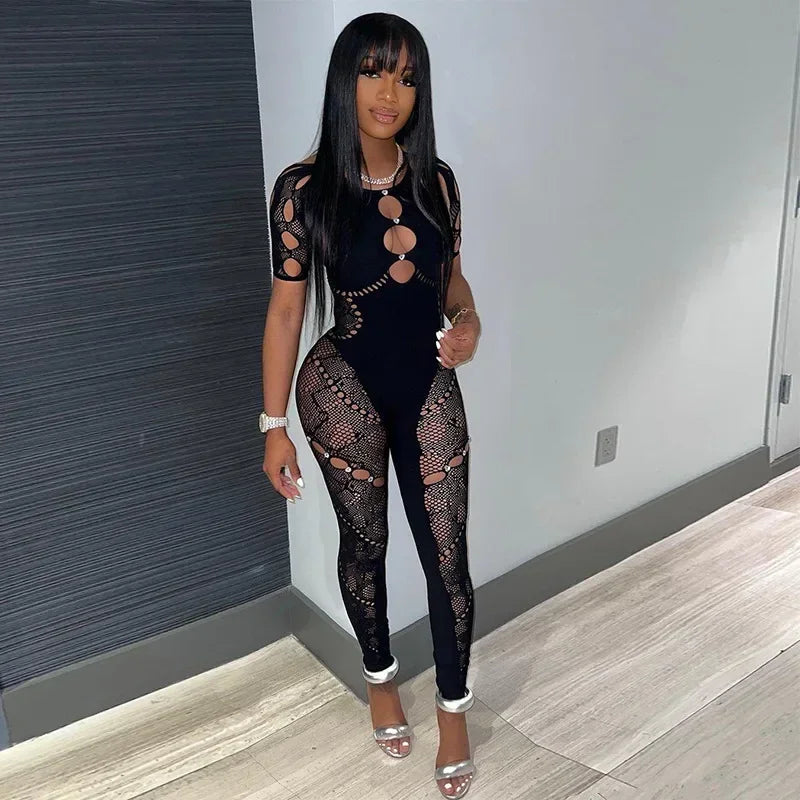 HLJ&GG Sexy Lace Hollow Bodycon Party Nightclub Jumpsuits Women Short Sleeve Skinny Pants Playsuits Female Hole Overalls 2025