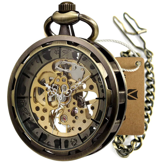 Vintage Steampunk Wind up Mechanical Pocket Watch Skeleton Open Face Bronze Steel Retro Fob Chain Watches Gifts