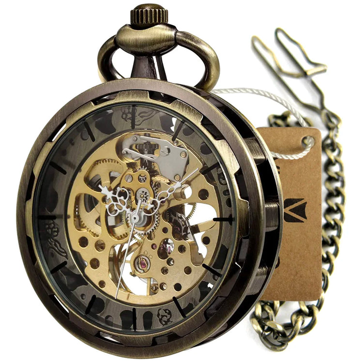Vintage Steampunk Wind up Mechanical Pocket Watch Skeleton Open Face Bronze Steel Retro Fob Chain Watches Gifts