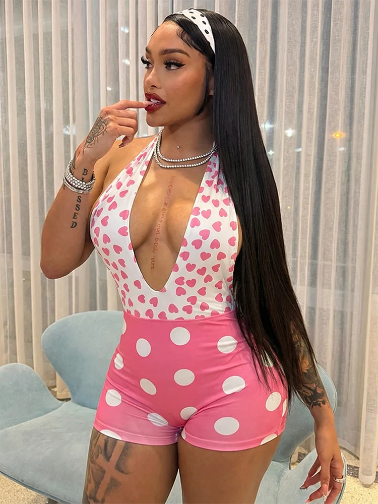 Weird Puss Polka Dots Print Patchwork Halter Backless Playsuit Summer Women's Suit Sexy Stretch Woman Jumpsuits and Rompers