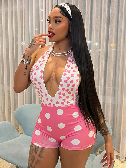 Weird Puss Polka Dots Print Patchwork Halter Backless Playsuit Summer Women's Suit Sexy Stretch Woman Jumpsuits and Rompers