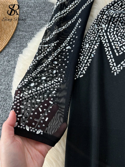 SINGREINY Sexy Senior Bodycon Jumpsuits Women Deep V-Neck Long Sleeves Zipper Diamonds Design Fashion Hotsweet Party Playsuits