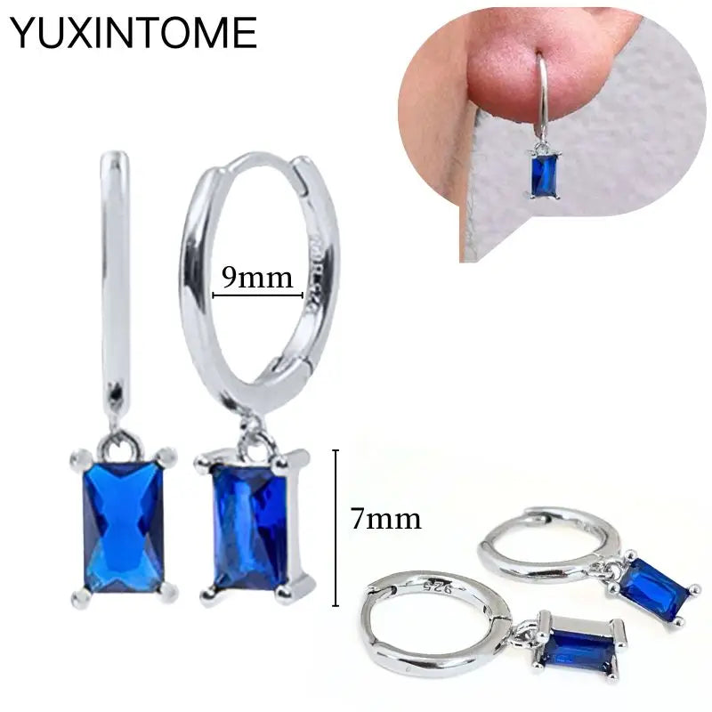 925 Sterling Silver Needle Dark Blue Crystal Silver Earrings Women's Exquisite Heart Blue Pendant Hoop Earrings Luxury Jewelry