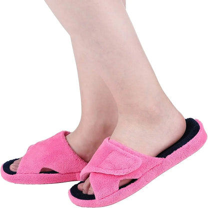 Smile Popcorn Women Adjustable Cross Strap Slippers Soft Fleece Two-tone Open Toe Non Slip Cozy Memory Foam Indoor House Slides