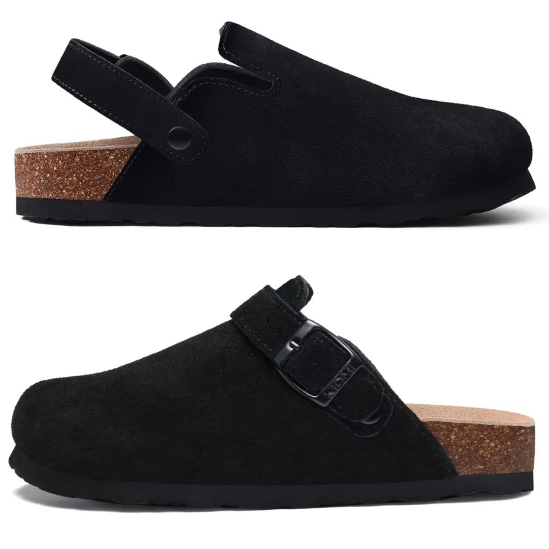 Kidmi Genuine Leather Clogs Cork Footbed Indoor and Outdoor Slippers Cow Suede Mules With Adjustable Strap
