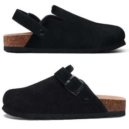 Kidmi Genuine Leather Clogs Cork Footbed Indoor and Outdoor Slippers Cow Suede Mules With Adjustable Strap