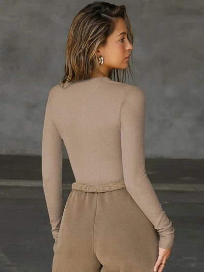 New Women's Jumpsuits Ribbed Long Sleeve Bodysuit Front Zip V Neck Bodycon Tops Stretchy Slim Fit Casual Streetwear for Daily