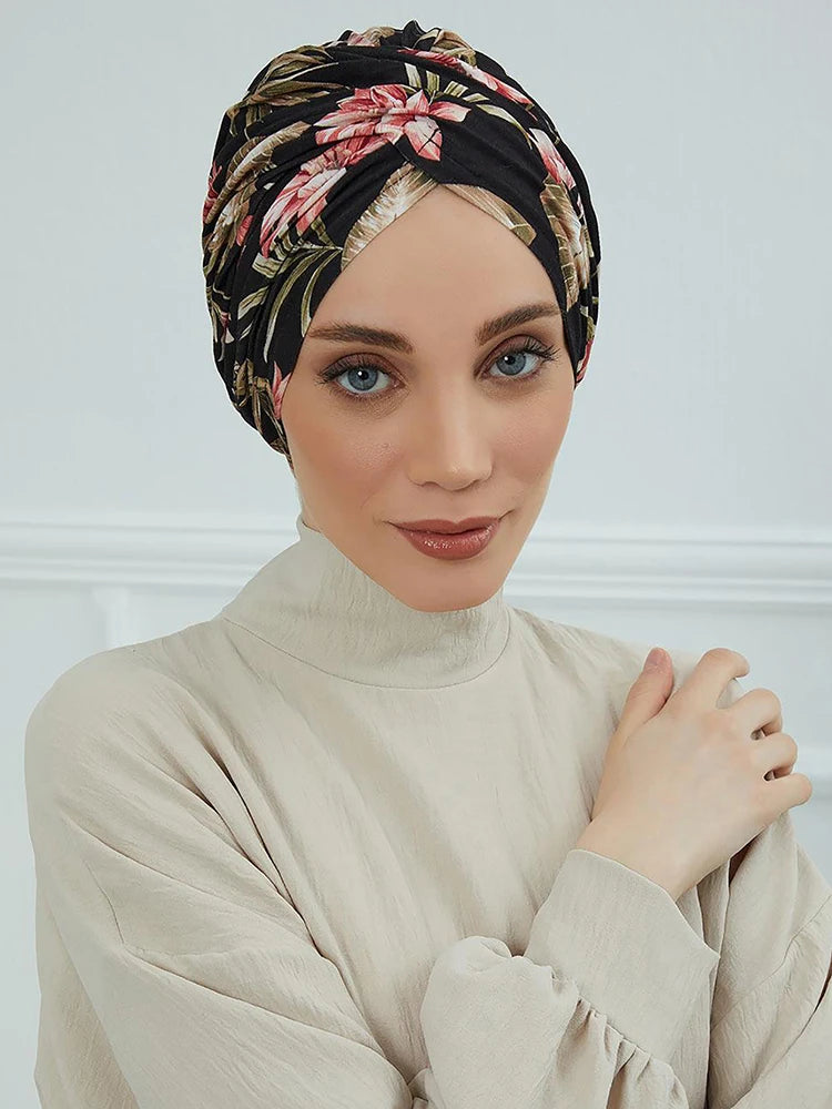 Floral Muslim Women Instant Turban Turkey Islamic Hijab Cap Headwear Arab Wrap Head Scarf Hair Accessories Hat