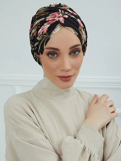 Floral Muslim Women Instant Turban Turkey Islamic Hijab Cap Headwear Arab Wrap Head Scarf Hair Accessories Hat