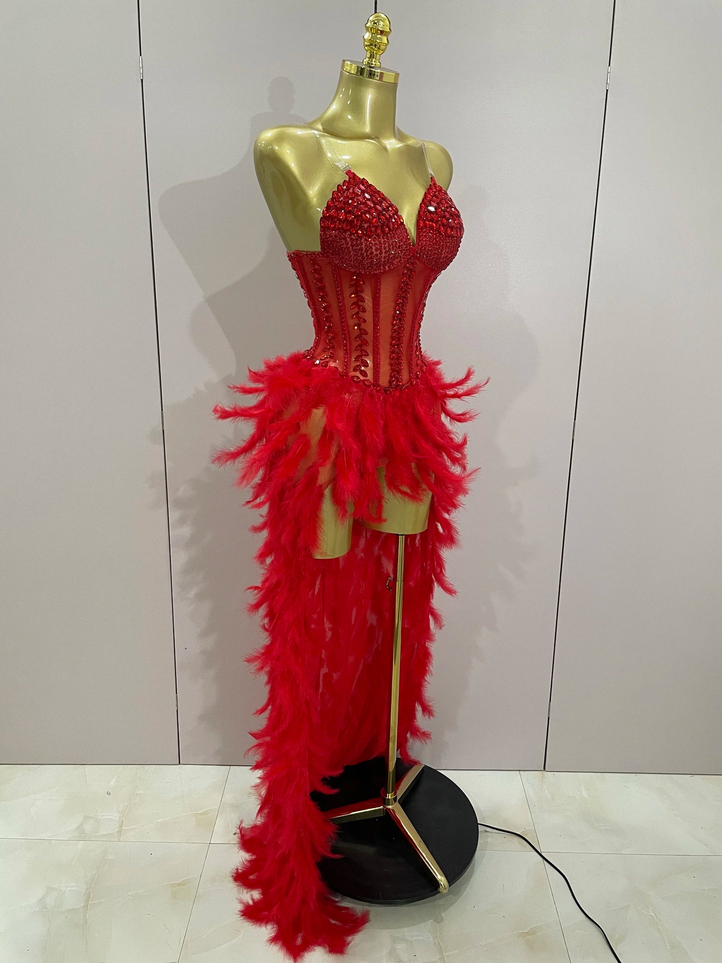 Luxury Sparkly Rhinestones Feathers Long Tail Dress Sexy Mesh Transparent Stage Bodysuit Evening Party Celebrate Birthday Dress
