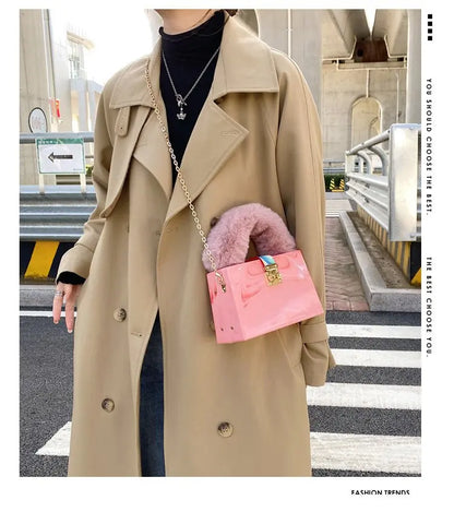 Faux Fur Top Handle Acrylic Party Box Clutch Fashion Purses and Handbags for Women Designer Evening Bag Chain Shoulder Bag