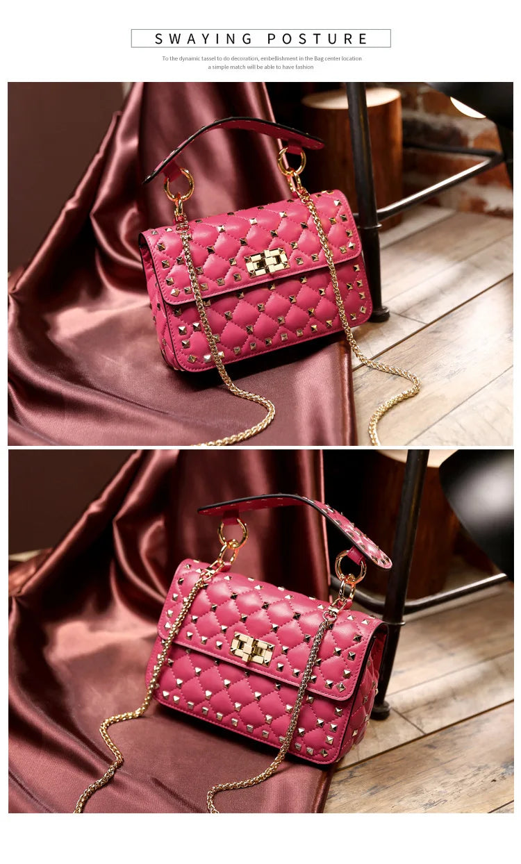 2026 New Fashion Women Sheepskin Leather Rivet Handbags Chain Bag Designer Shoulder Bags Luxury Woman Messenger Bags