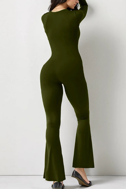 Foreign Trade Women's Long Sleeved Waist Cinching and Waist Lifting Square Collar Wide Leg High Elastic Jumpsuit