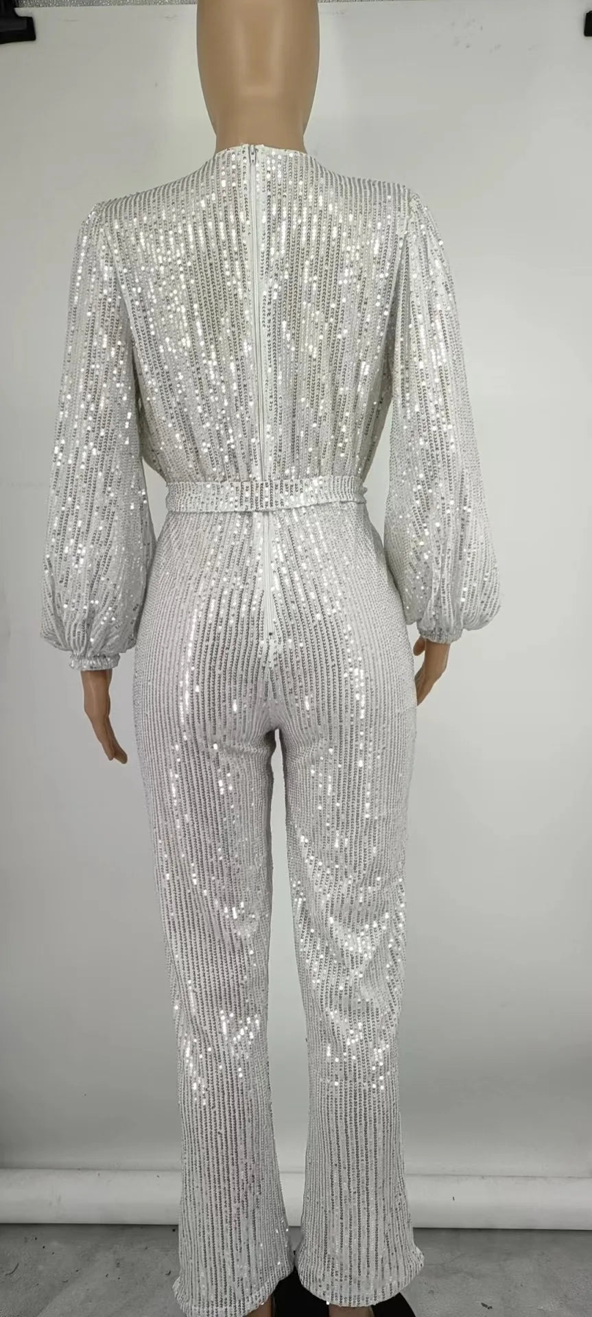 2026 Women's Elegant Sequined Jumpsuit Spring Summer Ladies Bling Bling V-neck High Waist Rompers Overalls with Lantern Sleeve