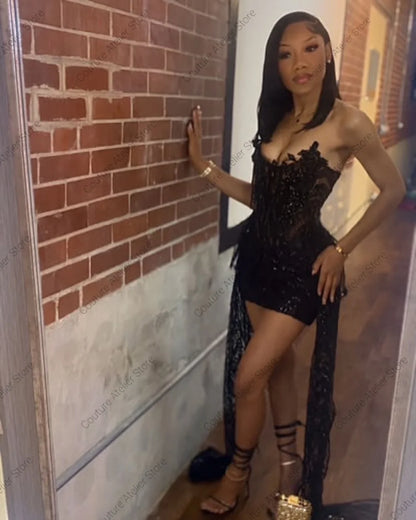 Black Crystal Beaded Homecoming Prom Dress Mermaid Mini Cocktail Valentine's Day Birthday Dress Luxury 2026 Blackgirl Customized