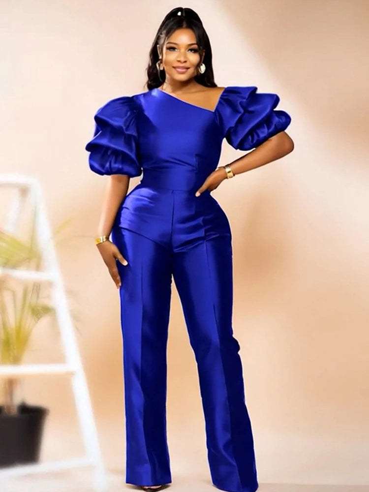 Satin Jumpsuit Woman High Quality Slash Neck Puff Sleeves Party Jumpsuits Woman Elegant Luxury Curvy Evening Jumpsuit Dress
