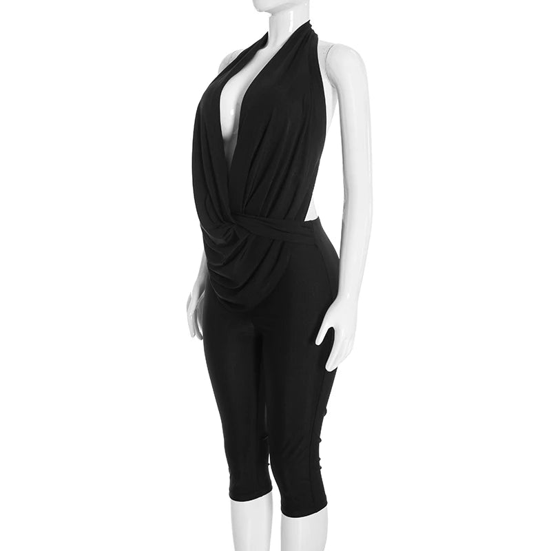 Solid color sleeveless hanging neck, backless strap, slim fit seven inch long jumpsuit