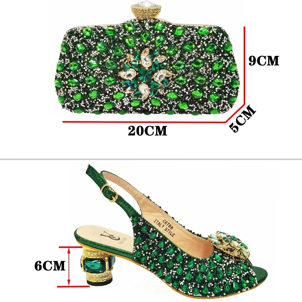 Silver Color Wedding Sandals for Women Bride Platform Round Heels Italian Full Drill Design Elegant Shoes and Bag Matching Set