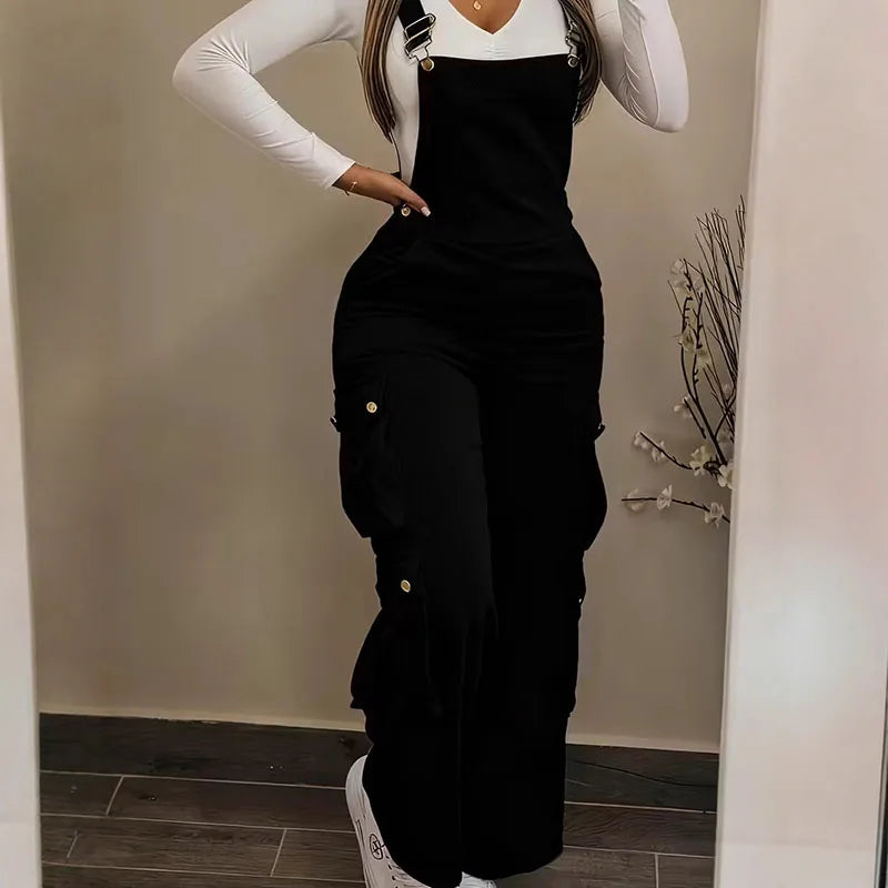 Y2K Casual Solid Strappy Bodysuit Sexy High Waist Ribbed Corduroy Overalls Spring Summer Cargo Pocket Wide Leg Women's Jumpsuits