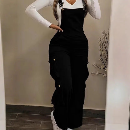 Y2K Casual Solid Strappy Bodysuit Sexy High Waist Ribbed Corduroy Overalls Spring Summer Cargo Pocket Wide Leg Women's Jumpsuits