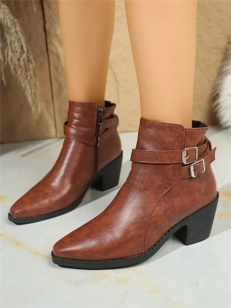 Retro Belt Buckle Women Short Ankle Boots Plus Size 43 Autumn Zipper Soft Leather Square Heel Ladies Pointed Toe Party Shoes New