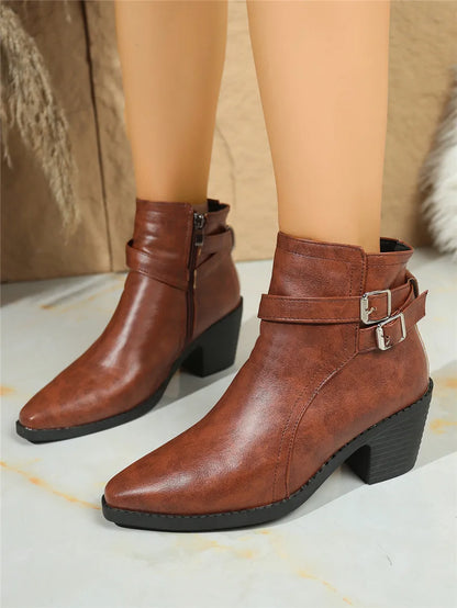 Retro Belt Buckle Women Short Ankle Boots Plus Size 43 Autumn Zipper Soft Leather Square Heel Ladies Pointed Toe Party Shoes New