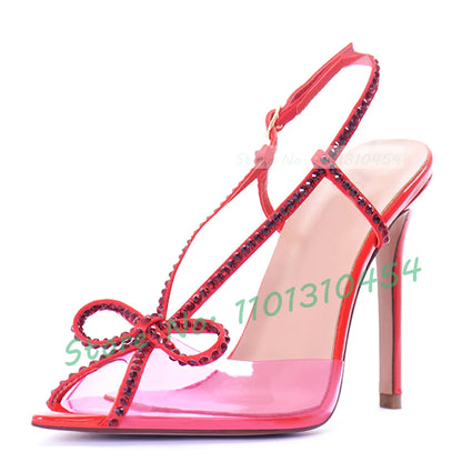 Crystal Bow Slingback Sandals Women Sweet Luxury See-through Pvc High Heels Shoes Summer Peep Toe Elegant Party Clear Pumps