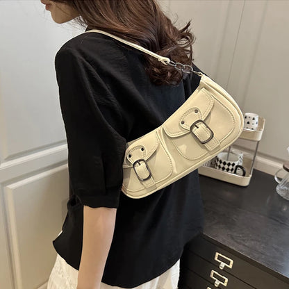 Fashion Pu Leather Women's Shoulder Bag Small Double Pocket Design Ladies Underarm Bags Y2k Vintage Female Handbags Clutch Purse
