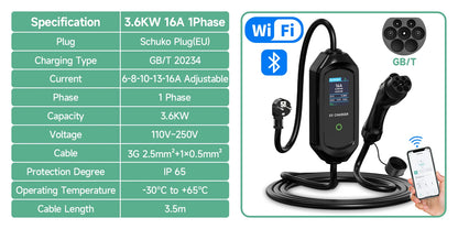 AFYEEV 3600W Portable Type2 IEC62196-2 EV Charger Type1 SAE J1772 Electric Car Charger GBT EVSE Charging Cable Wallbox EU Plug