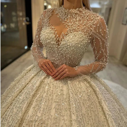 Gwn&Gce 2026 Long Sleeves Luxury Elegant Wedding Dress Pearls Wedding Gown A-Line Chapel Princess Bridal Gown Vestido Blanco