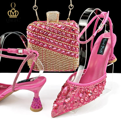 Shiny Purple Color Shoes and Bag Elegant Handbags and Medium Heel Shoes Beautiful Handmade Shoes for Wedding Party