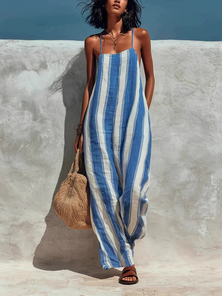 Women's Striped Print Street Loose Casual Sleeveless Pocket Playsuits Elegant Off Shoulder Suspender Jumpsuits and Rompers
