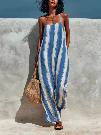 Women's Striped Print Street Loose Casual Sleeveless Pocket Playsuits Elegant Off Shoulder Suspender Jumpsuits and Rompers