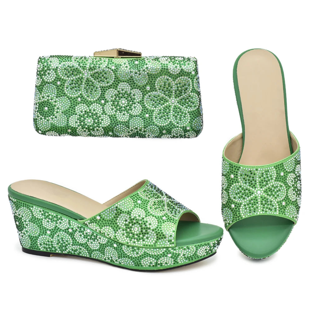 Classics Design Nigerian Women Shoes Matching Bag Set with Shinning Crystal Wedges Shoes for Women Italian Women Party Pumps
