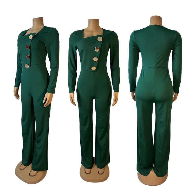 CM.YAYA Elegant Button Long Sleeve Irregular Girl Jumpsuits 2025 Spring Women's Overalls Outfits Night Club Streetwear One Piece