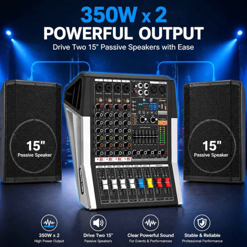 NXG 4-Channel 350W+350W Amplifier Mixer Set, Comes with 2 UHF Wireless Microphones, Perfect for Stage, Karaoke, and DJ Professional Audio Mixing Console. Black Friday/Halloween Promo Bundle
