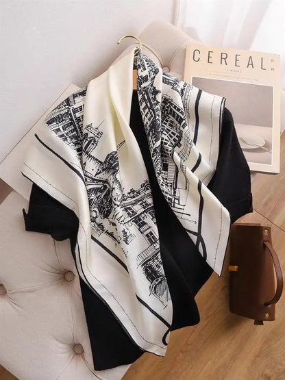 Black White View Print Twill Silk Scarf 90x90cm Women Fashion Square Neck Scarf Satin Kerchief Head Wrap Bandana Bag Decoration