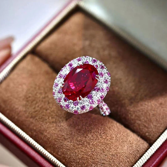 Wong Rain Luxury 925 Sterling Silver Oval Cut 8*12 MM Ruby High Carbon Diamond Gems Ring for Women Fine Jewelry Anniversary Gift