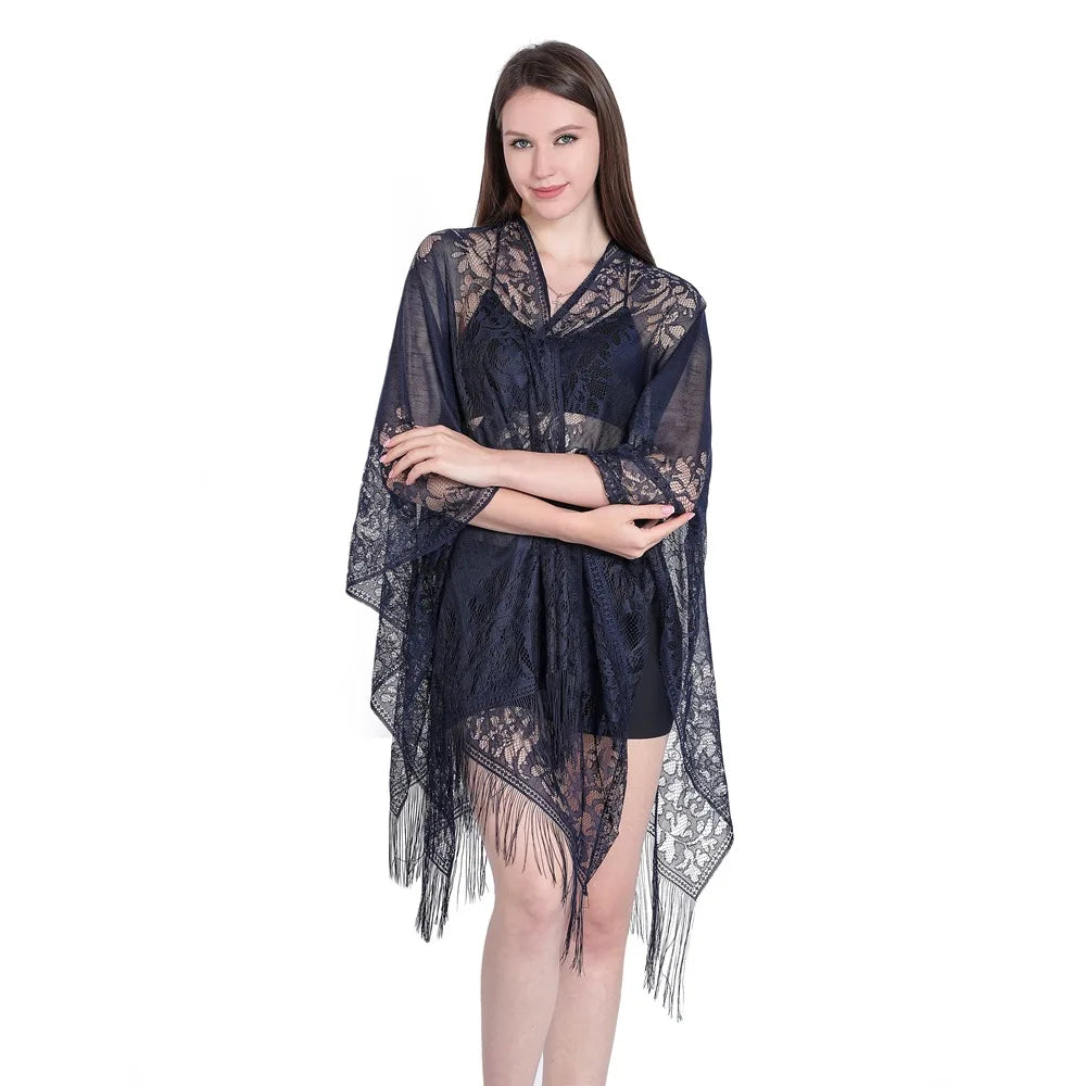 Women Sun Protection Shawl Lady Summer Hollow Out Lace Cardigan Holiday Bikini Blouse Breathable Beach Cape Sexy Long Tippet