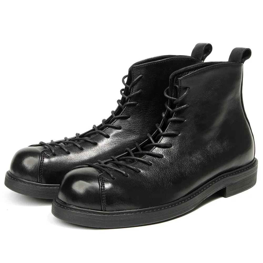 KOWM Cowhide Hiking Shoes Men's Walking Boot British Trekking Shoes Thick Soled Cowhide High Top Motorcycle Boots Ankle Sneakers