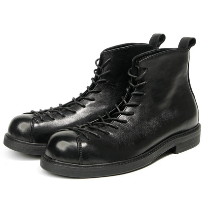 KOWM Cowhide Hiking Shoes Men's Walking Boot British Trekking Shoes Thick Soled Cowhide High Top Motorcycle Boots Ankle Sneakers